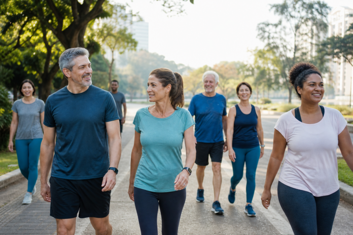 Grupo de adultos caminhando em um parque e construindo uma rotina ativa