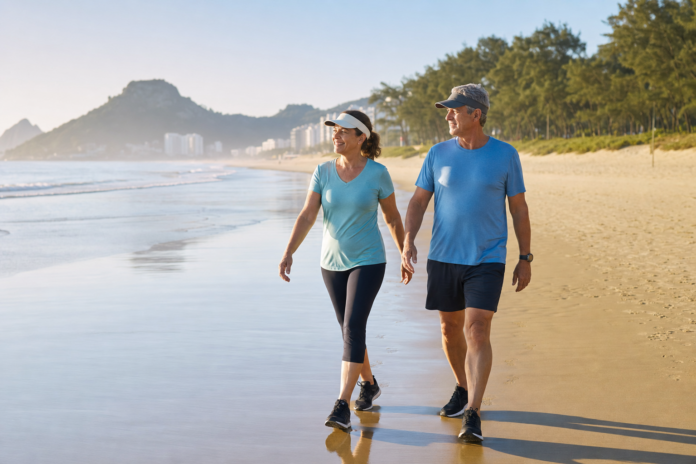 Casal acima dos 50 anos caminhando com tênis na areia molhada da praia