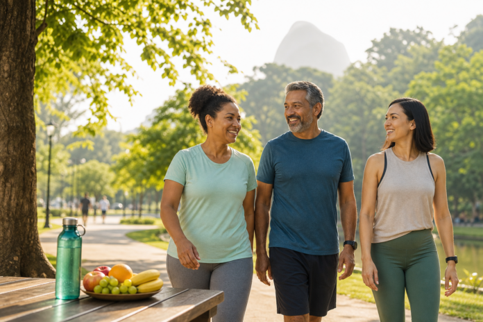 Três adultos caminhando em um parque, representando saúde, bem-estar e qualidade de vida