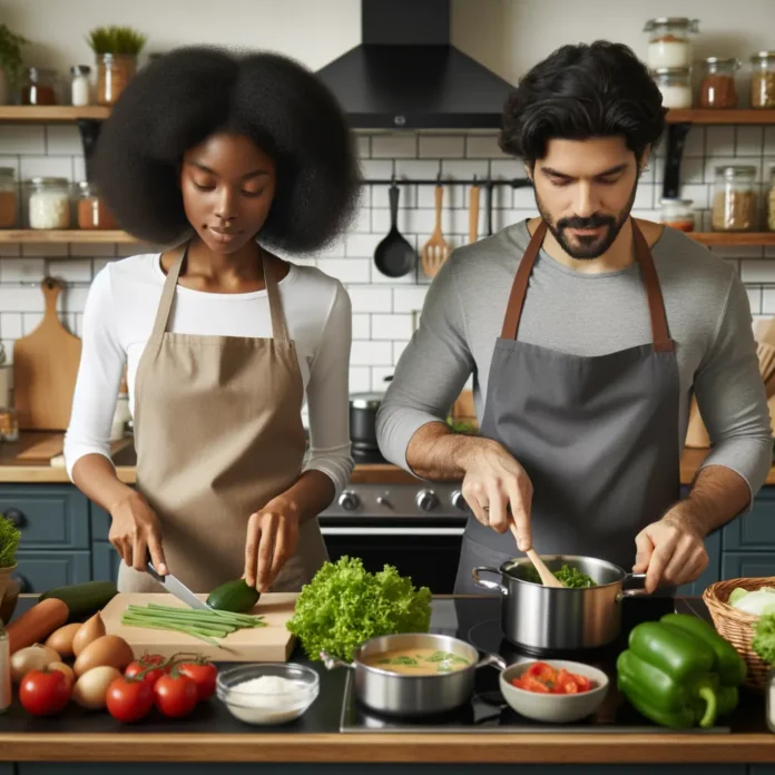 Casal cozinhando legumes e verduras juntos numa cozinha