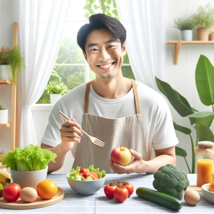 Homem sorrindo à mesa com salada, frutas e legumes frescos