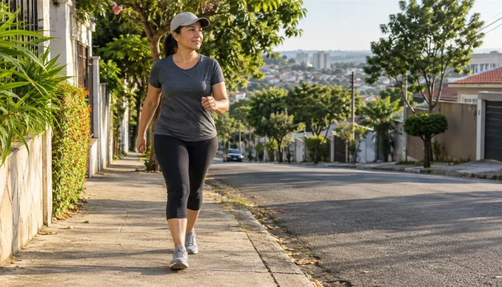 Mulher caminhando na calçada de uma rua arborizada