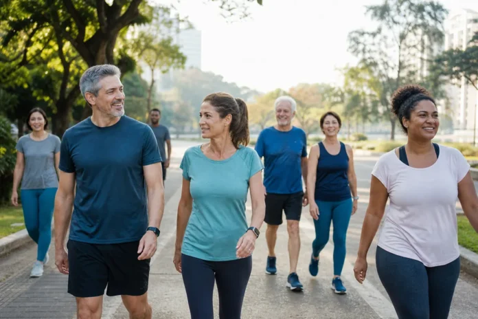 Grupo de adultos caminhando em um parque e construindo uma rotina ativa