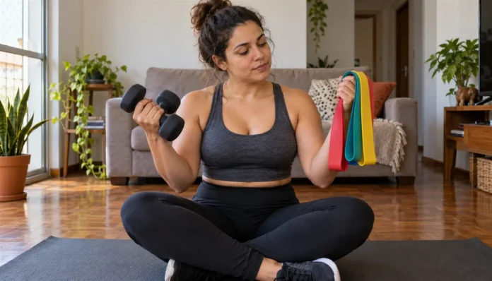 Mulher sentada no tapete com um halter numa mão e elásticos coloridos na outra