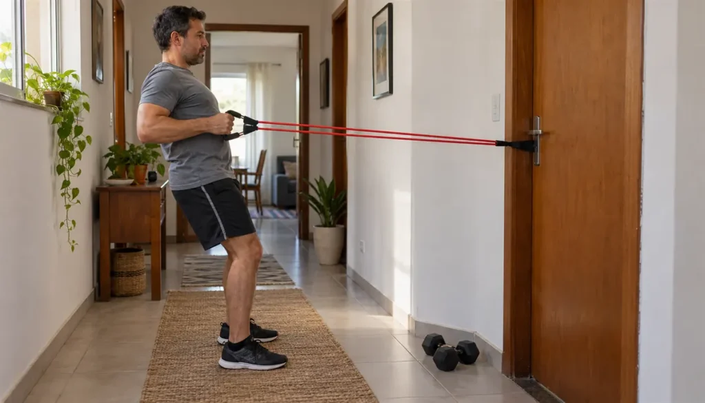 Homem fazendo remada com elástico preso na porta, com halteres no chão