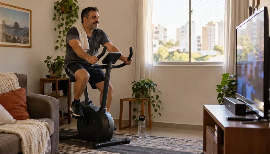 Homem pedalando numa bicicleta ergométrica na sala, de frente pra televisão