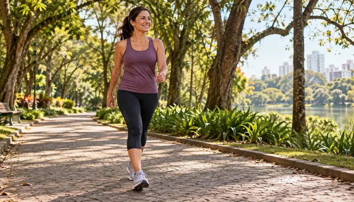 Mulher caminhando num parque arborizado com tênis de corrida