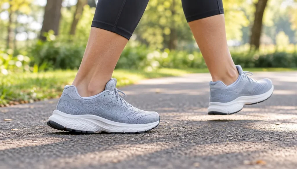 Pés caminhando com tênis de corrida numa pista de parque, com o calcanhar tocando o chão