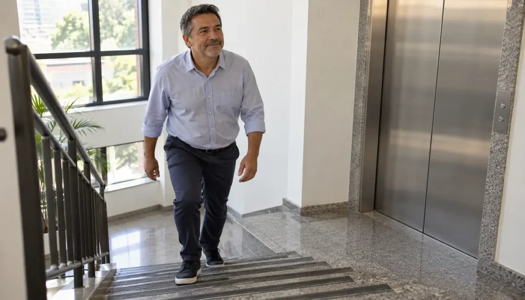 Homem de camisa social subindo a escada ao lado do elevador